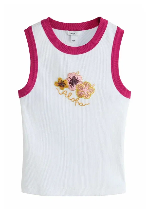 Топ Regular fit Next, embellished hibiscus sleeveless, белый с розовой окантовкой — фото 3