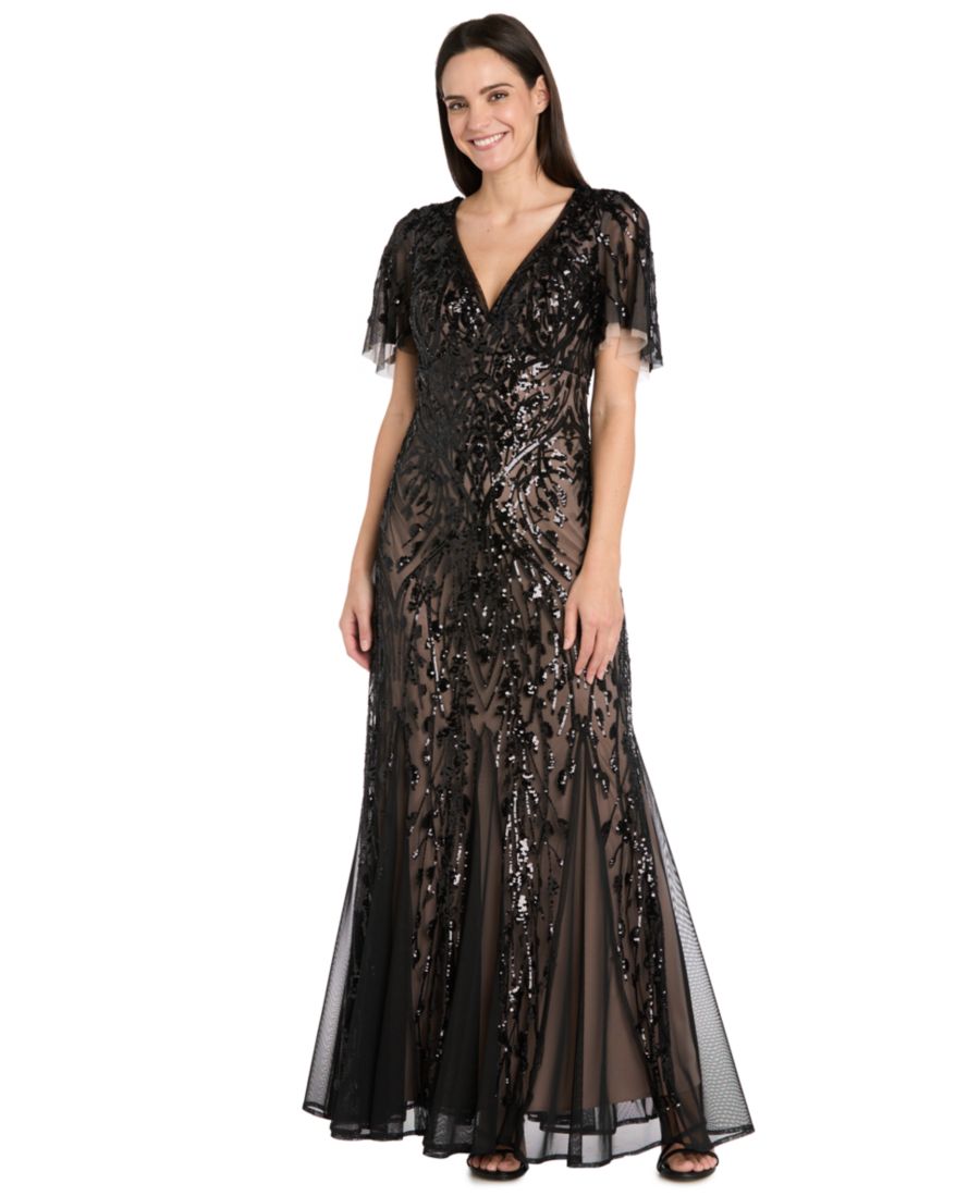 

Женское платье с V-образным вырезом и короткими рукавами R & M Richards, Black/Nude