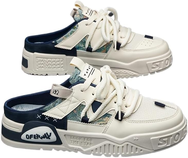 

Мужские слипоны с толстой подошвой, модные с двойными шнурками, с вырезами, дышащие, удобные, для всех сезонов, для прогулок на улице, бега и кемпинга Hhhchpm, синий/бежевый