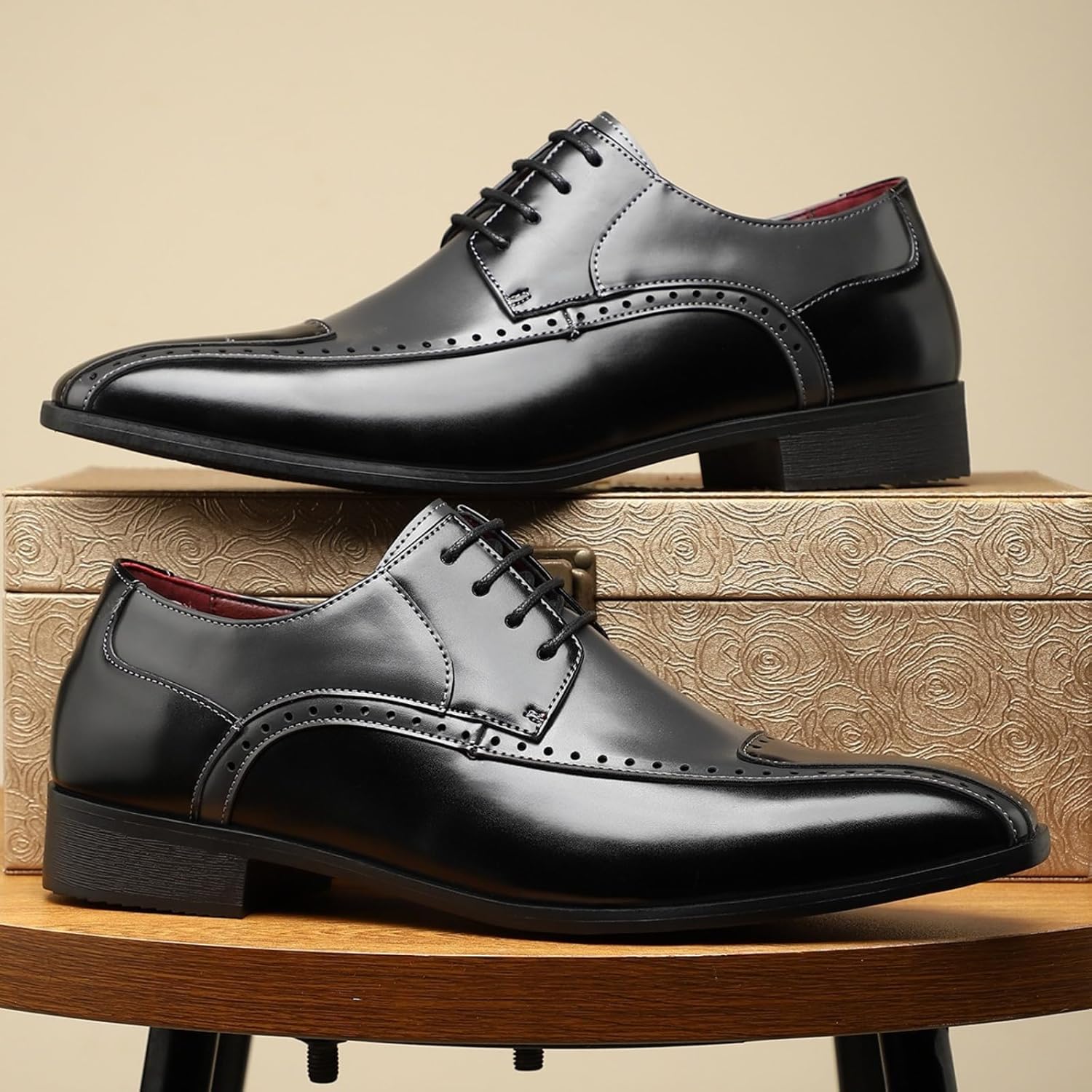 Мужские туфли оксфорды с переплетением двух тонов, кожаные, с шнуровкой, низкий каблук, крылья носка, мягкий квадратный носок, формальные дерби для вечеринки, свадьбы, офиса и работы Netehadi, черный — фото 2