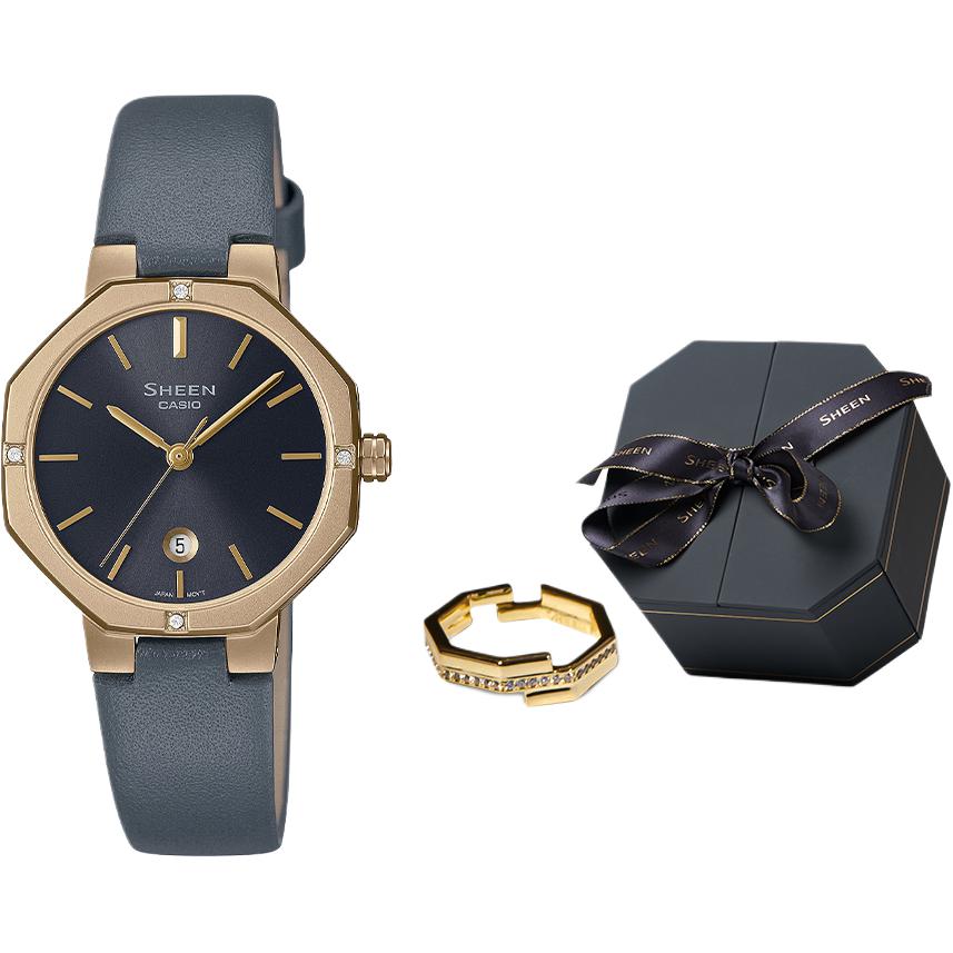 

Часы SHEEN с кварцевым механизмом и кожаным ремешком, женские, с золотым циферблатом CASIO, ring box