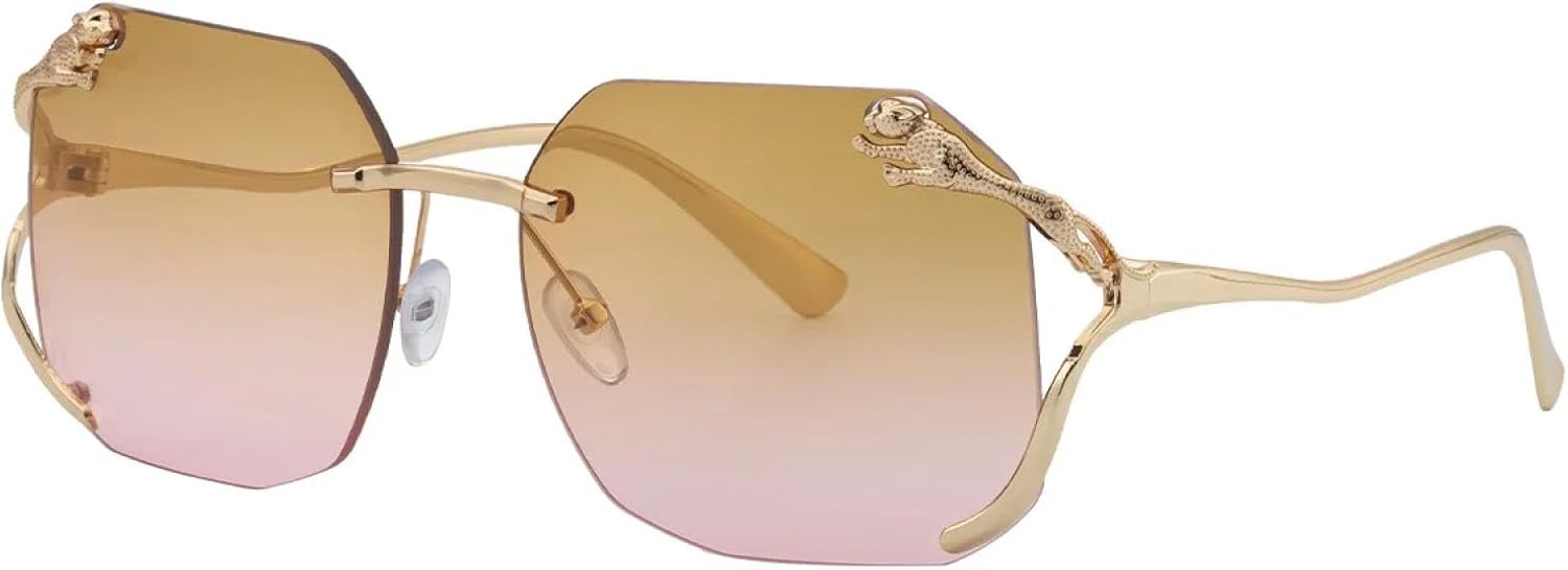 

Большие солнцезащитные очки без оправы для женщин и мужчин, винтажные, в стиле панк, с металлическим леопардовым принтом, роскошные, популярные, с защитой от УФ-излучения TYUVIVO, Tea Pink