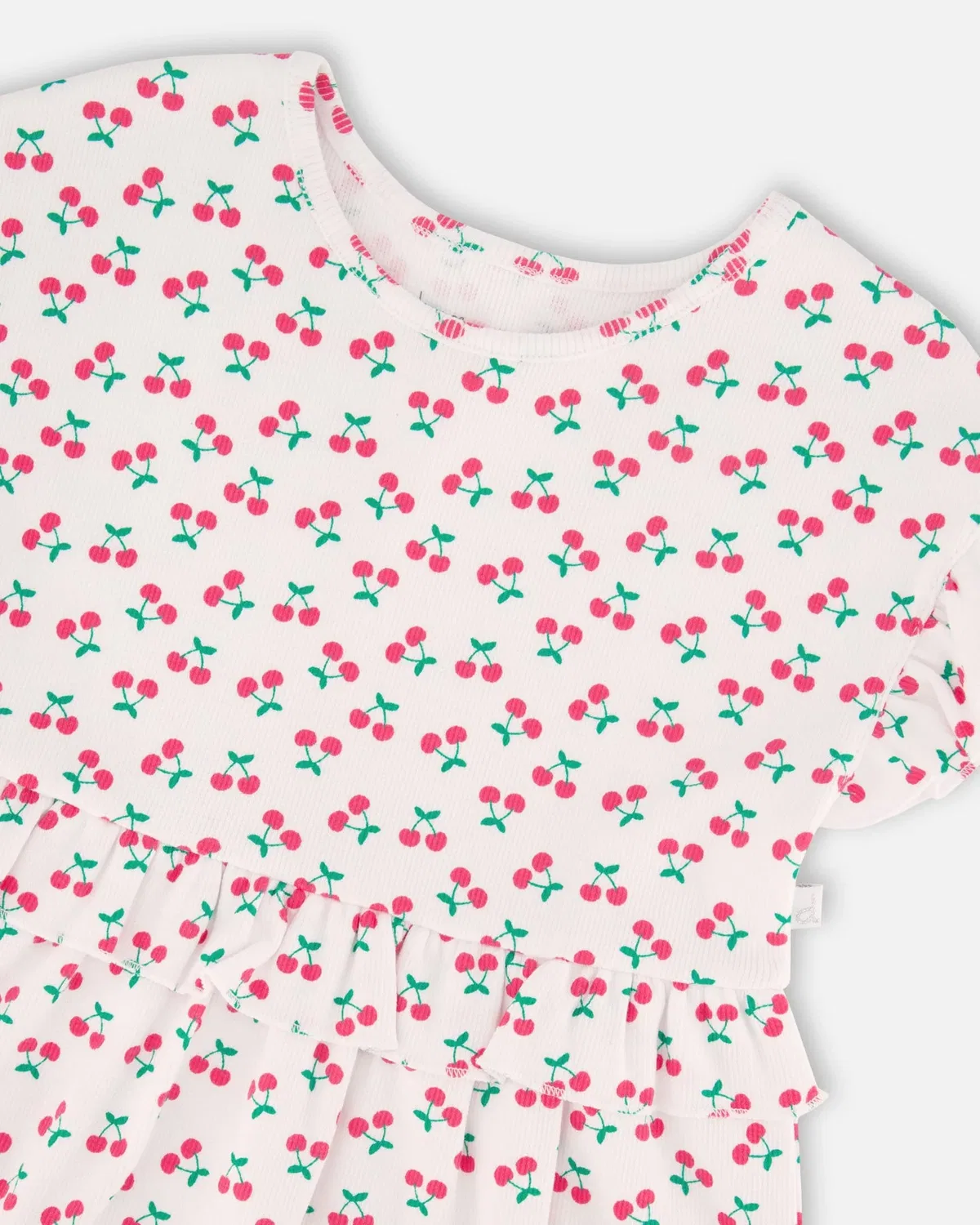 Deux par Deux Хлопковое ребристое платье, белое с принтом вишни — фото 3