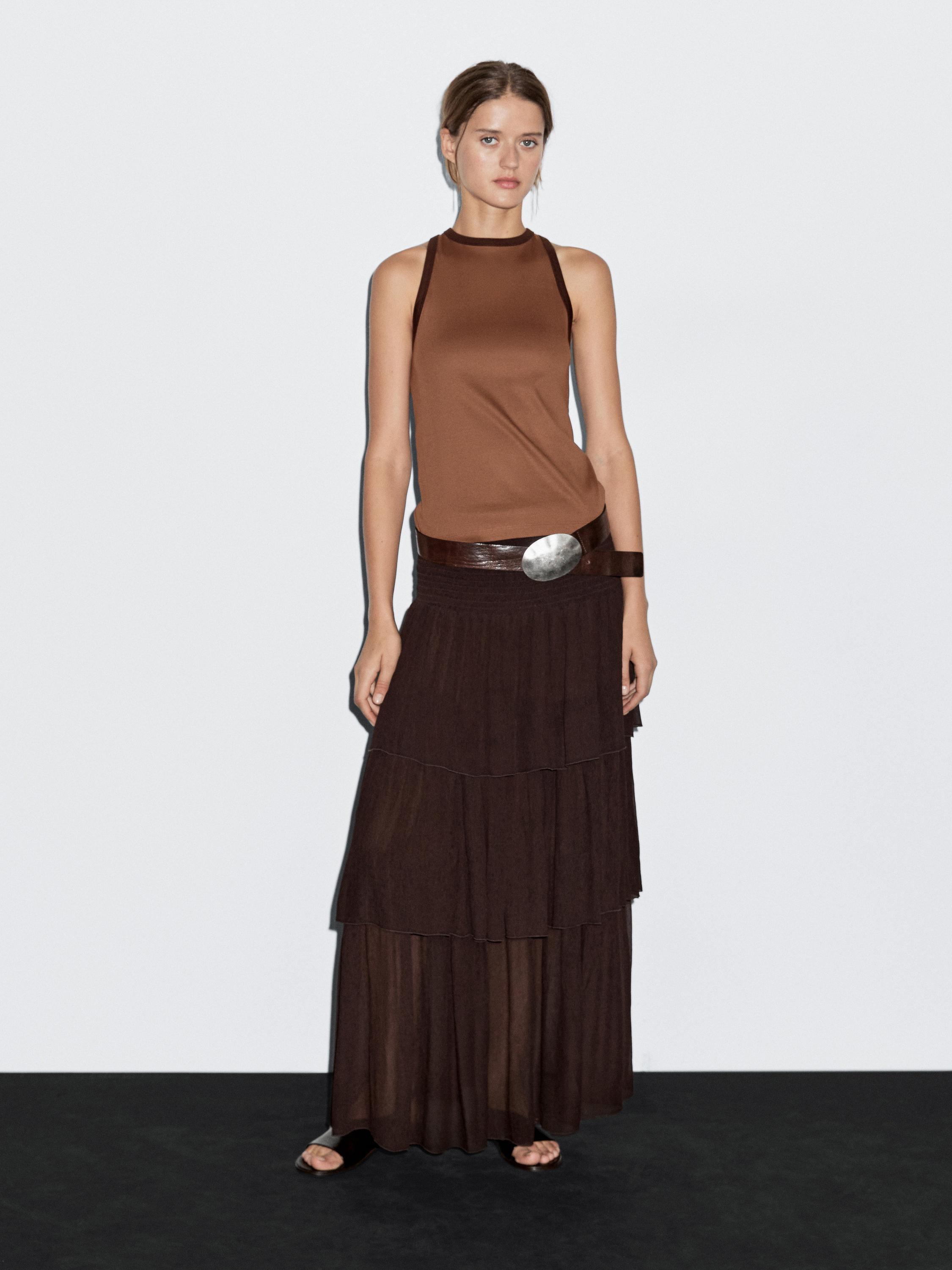 

Топ из 100% хлопка с бретельками через шею и контрастной отделкой Massimo Dutti, мокко