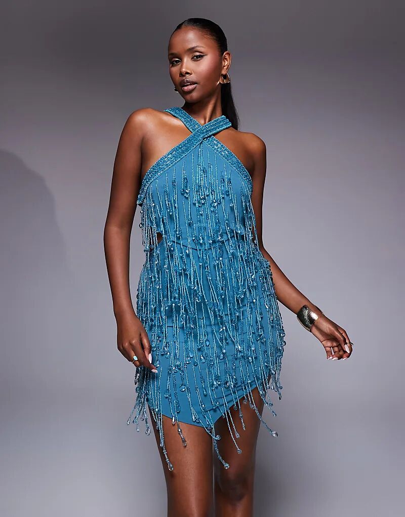 

Мини-платье ASOS DESIGN с декоративным лифом, вырезом на талии и острым подолом синего цвета