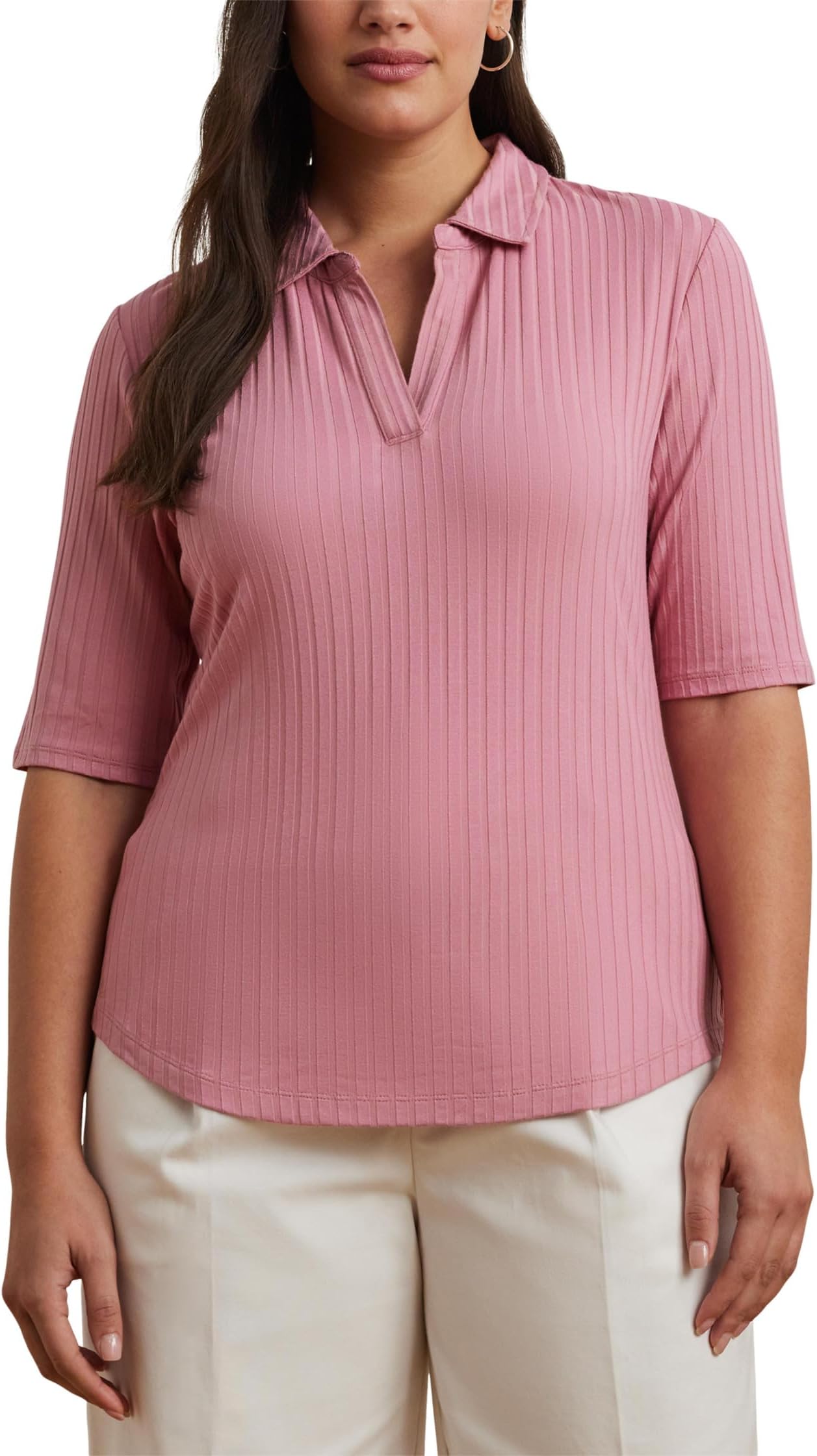 

Футболка Lauren Ralph Lauren Plus Size Rib-Knit Elbow-Sleeve Polo Tee, цвет Rose Mauve