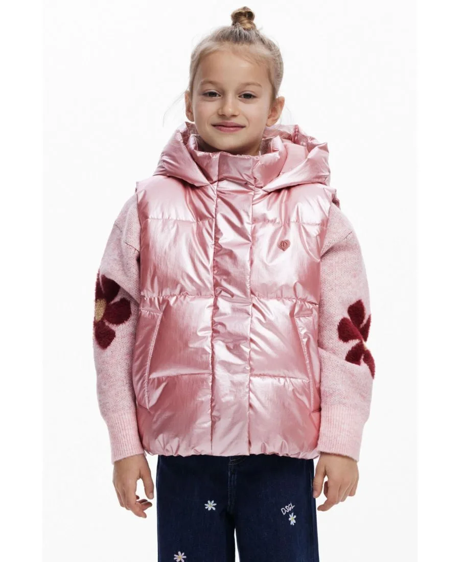 Стеганый жилет для девочек с металлическим блеском Desigual, розовый