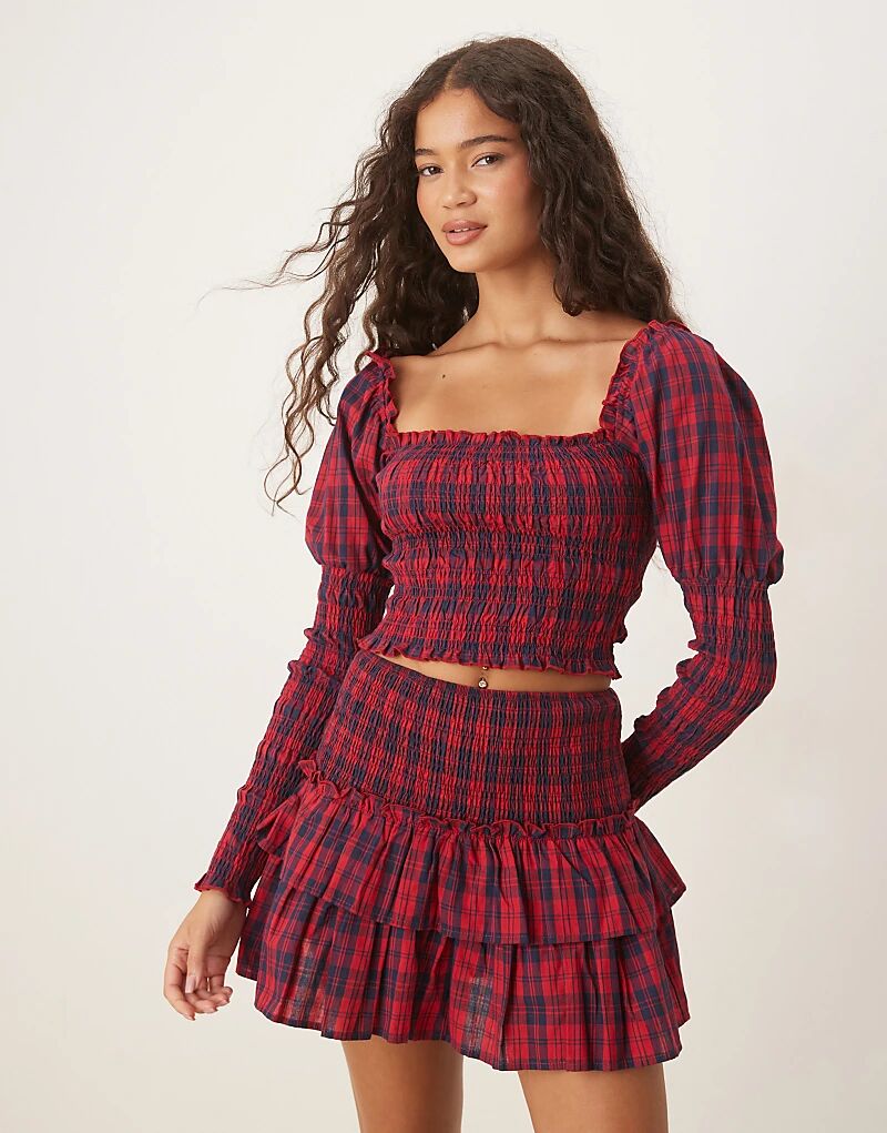 

Топ Kiss The Sky с рюшами и рукавами-фонариками в бордовую клетку