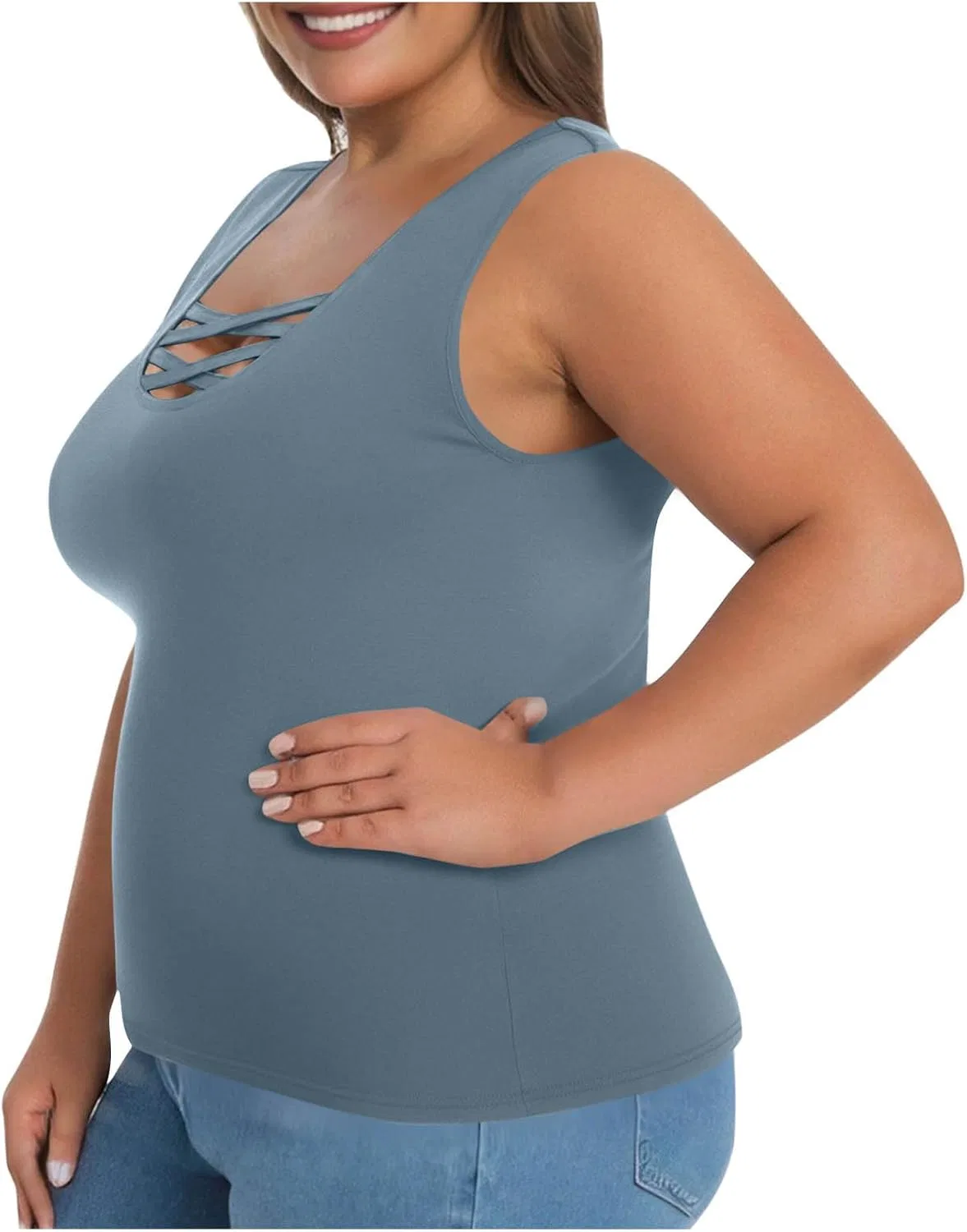 Топ с встроенным бюстгальтером, без рукавов, Plus Size, Light Blue — фото 2