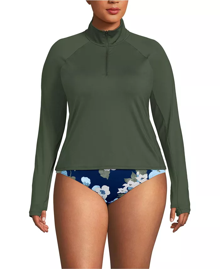 

Купальник Plus Size SunShade UPF 50 Long Sleeve Quarter Zip Rash Guard Lands' End, зеленый