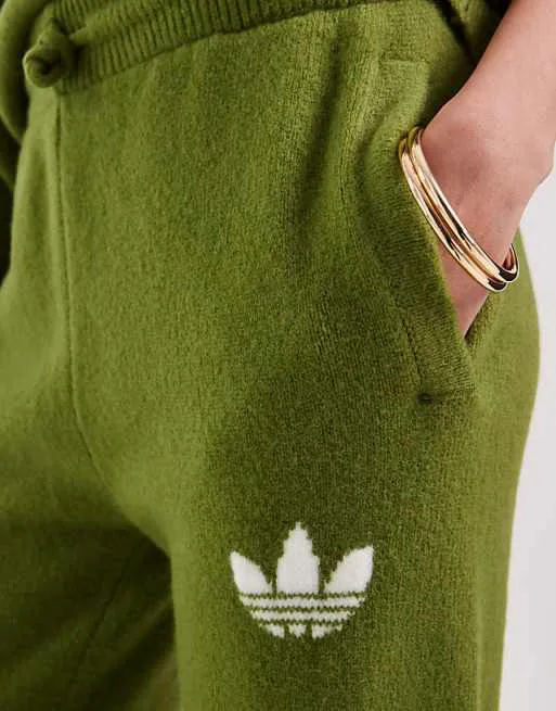 Оливково-зеленые вязаные широкие спортивные брюки adidas Originals — фото 4