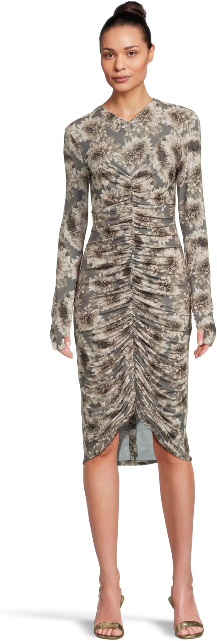 

Платье Norma Kamali Long Sleeve V-Neck Shirred Front Dress To Knee, цвет Fall Flowers