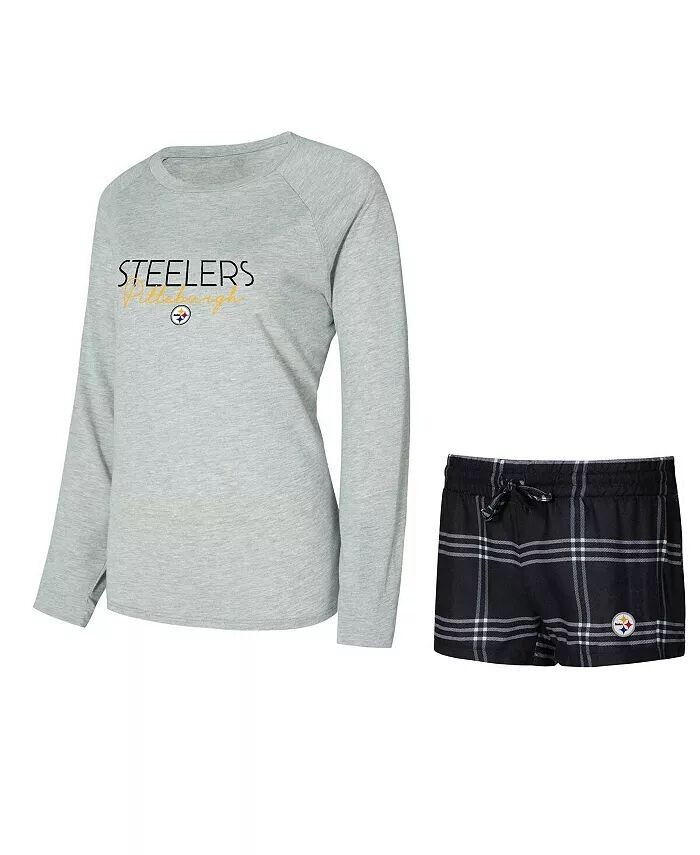 

Женский комплект из футболки и шорт Pittsburgh Steelers Petition Raglan с длинным рукавом, черного/серого цвета Concepts Sport