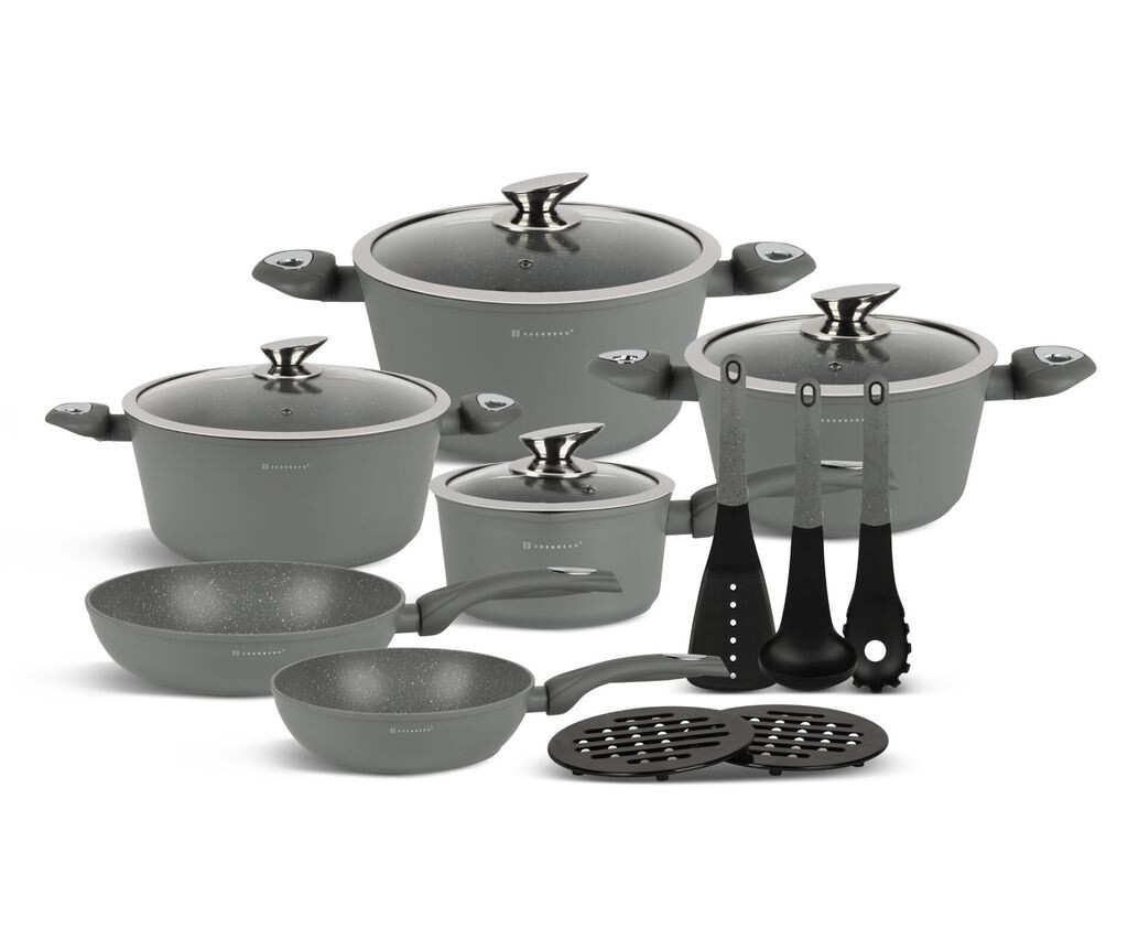 

Набор серых кастрюль, набор кастрюль из 15 предметов, запеканка, кастрюля, сковорода, кухонная утварь, подставки, керамика, (1,53 л / 2,3 л / 2,75 л / 4,65 л / 6,66 л) EDENBERG, серый