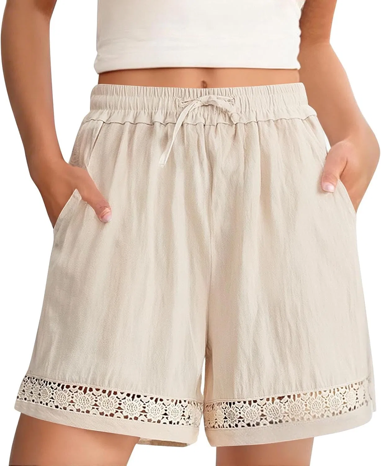 Шорты женские с кружевом, хлопок-лен, Elastic Waist Drawstring, Beige