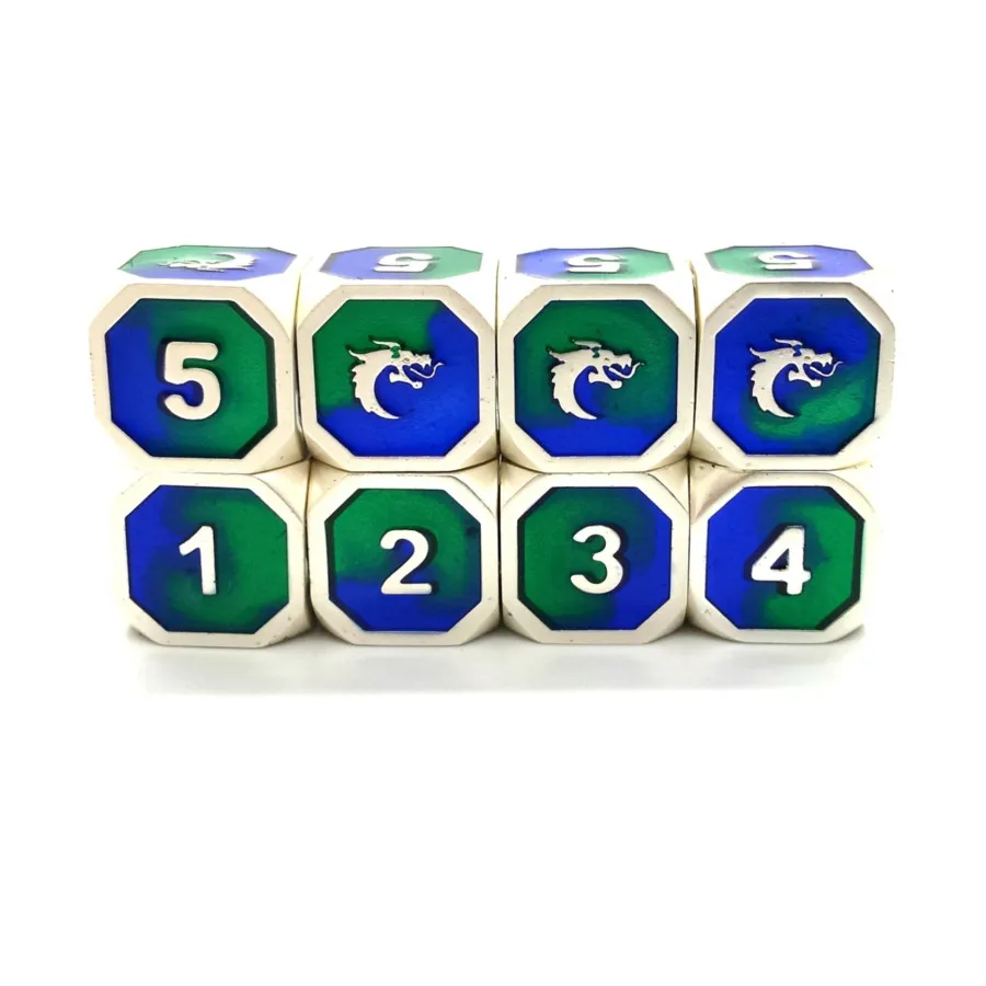 

Набор d6 — платиновый с синим и зеленым (8), Metal Dice - Dragon Forged