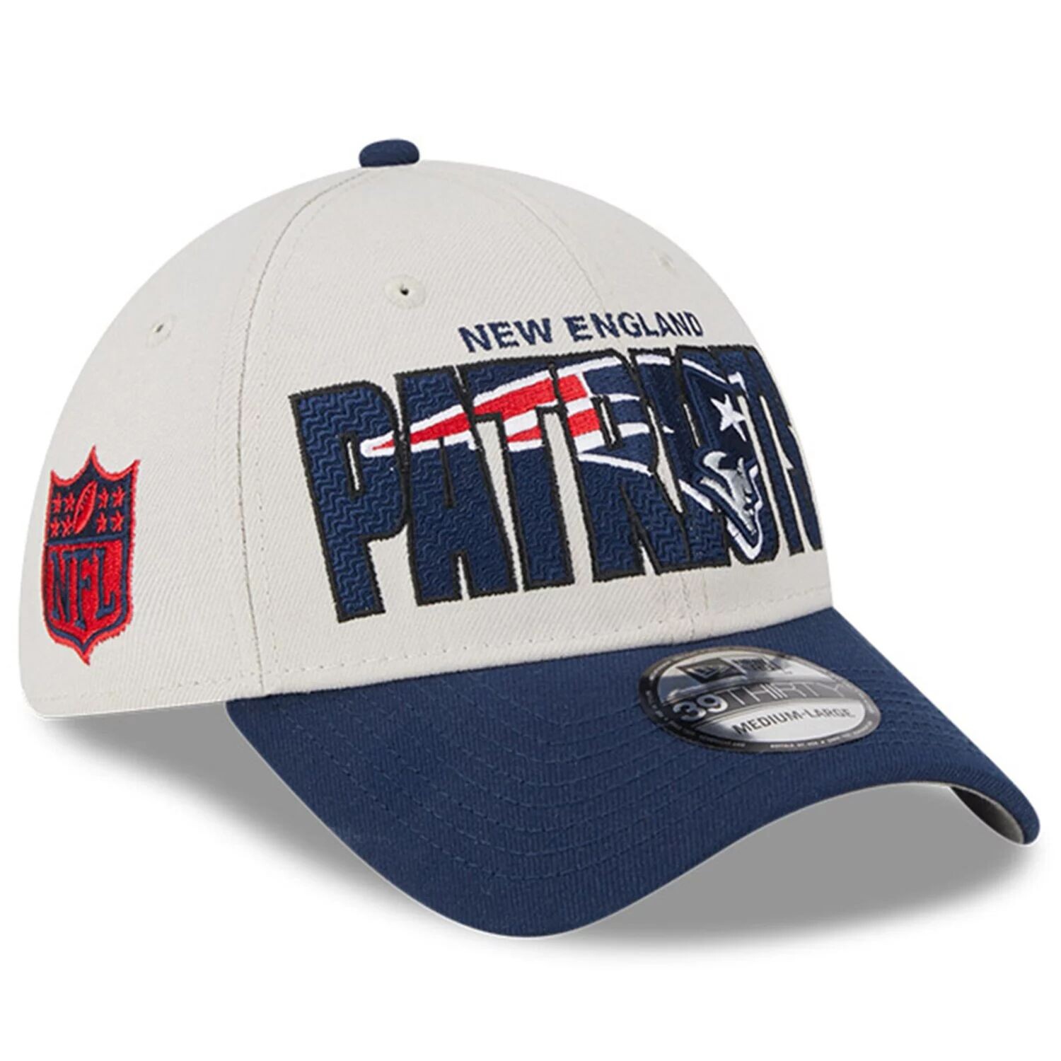 

Мужская гибкая кепка New Era Stone/темно-синяя New England Patriots 2023 NFL Draft 39THIRTY