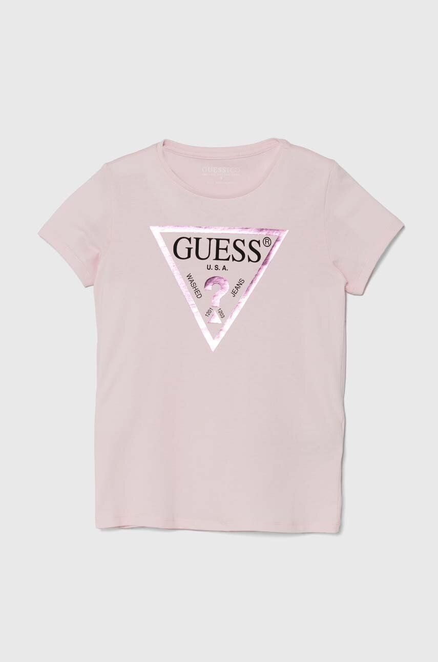 Детская хлопковая футболка Guess, розовый — фото 2