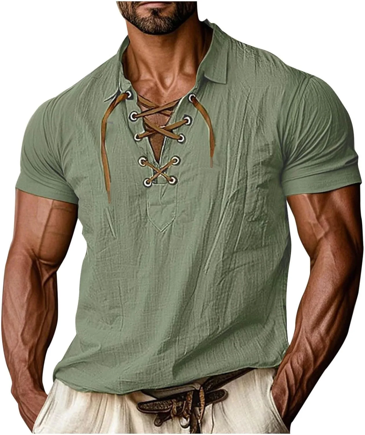 

Мужская хлопковая льняная рубашка с коротким рукавом и шнуровкой