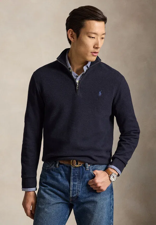 Свитер с воротником-поло из хлопковой сетки Polo Ralph Lauren, темно-синий