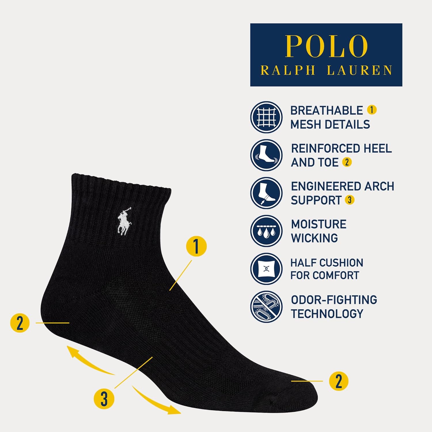 Классические спортивные носки Polo Ralph Lauren для мужчин, 6 пар - мягкий хлопок с амортизацией, черный, размер 6-12.5 — фото 2