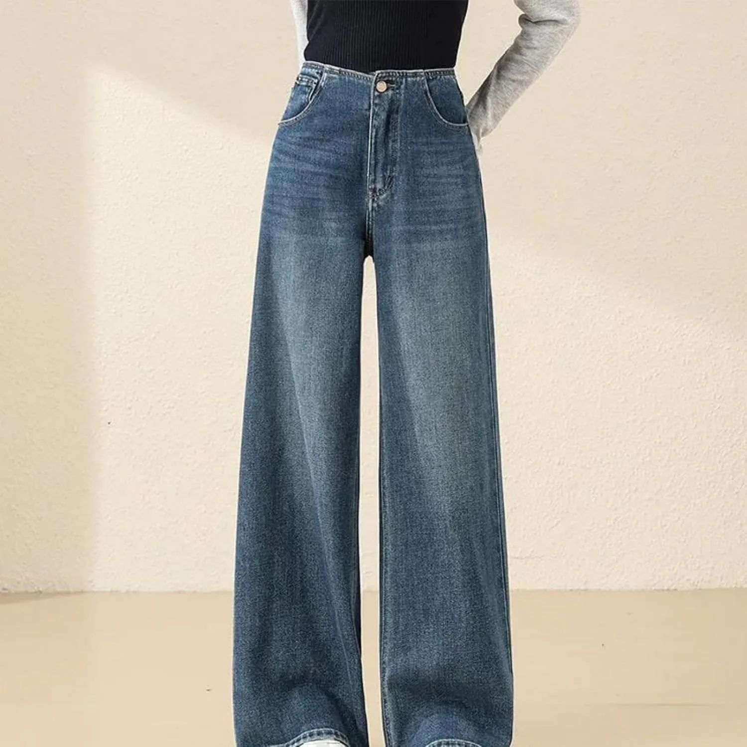 Generic Женские синие джинсы Wide Leg - осенние стройнящие свободные универсальные драпированные брюки Straight Leg Floor Length — фото 3