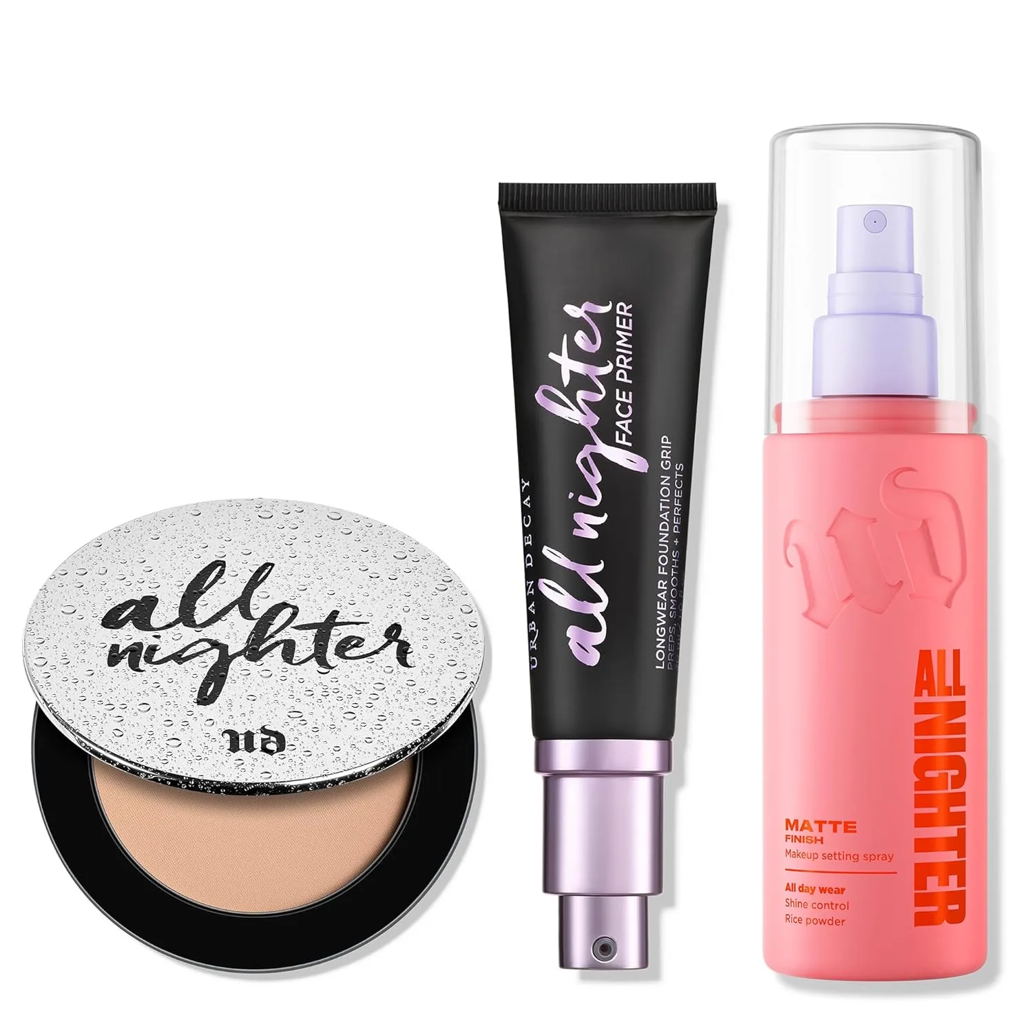 Urban Decay All Nighter набор: праймер для лица, спрей-фиксатор матовый и пудра для фиксации макияжа - спрей All Nighter Waterproof (118 мл), праймер (30 мл) и прессованная пудра All Nighter