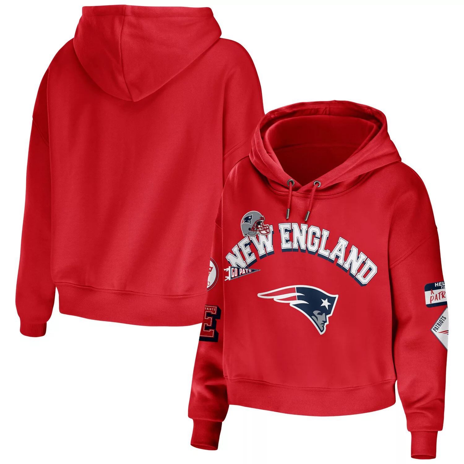 

Женская WEAR by Erin Andrews Красный скромный укороченный пуловер с капюшоном New England Patriots больших размеров