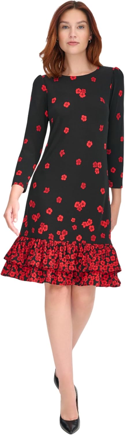 

Женское трикотажное мини-платье Tommy Hilfiger с рукавами 3/4, высоким воротом и оборками, Black/Scarlet
