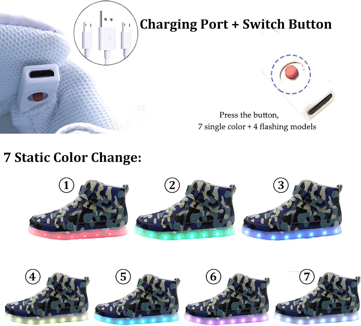 Детские светящиеся кроссовки с USB-зарядкой, мигающие LED кеды на высокой подошве для танцев, унисекс, для мальчиков и девочек Sufuinu, синий — фото 3