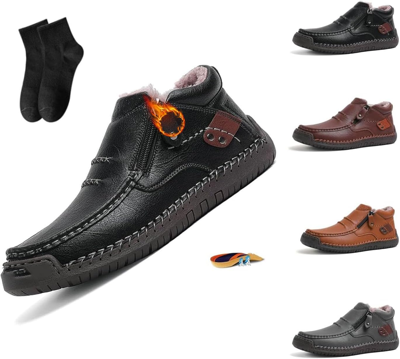 

Кожаные туфли, мужские ручной работы премиальные кожаные ботинки-слипоны для вождения - широкий носок, поддержка свода стопы, мужские ботинки, мужские ортопедические ботинки на боковой молнии для вождения Noworfewer, черный