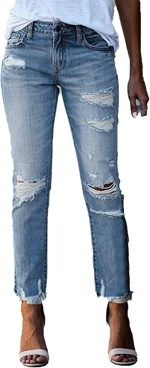 Женские джинсы Slim Fit с потертостями и рваным краем