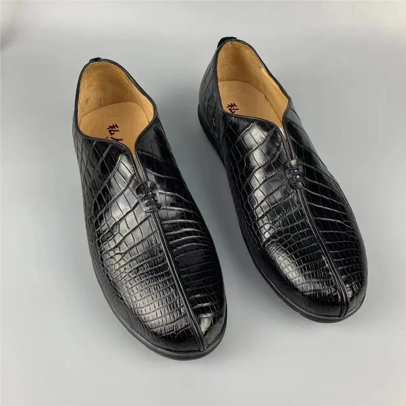 Лоферы из кожи аллигатора, Китайский традиционный дизайн, Black — фото 3