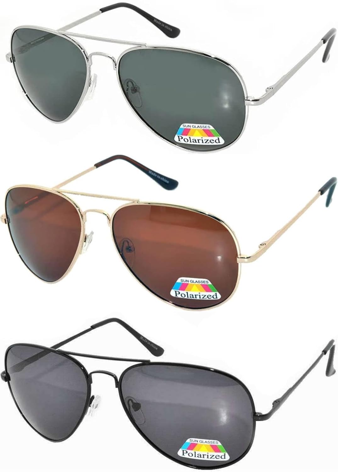 

Комплект из 3 классических солнцезащитных очков-авиаторов с поляризованными линзами, цветной металлической оправой и пружинными шарнирами (3 пары, разные цвета, цветные) OWL, Multicolor