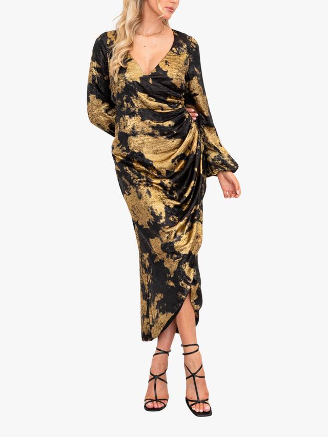 

Платье миди с асимметричным запахом и абстрактным принтом Lovedrobe, Black And Gold