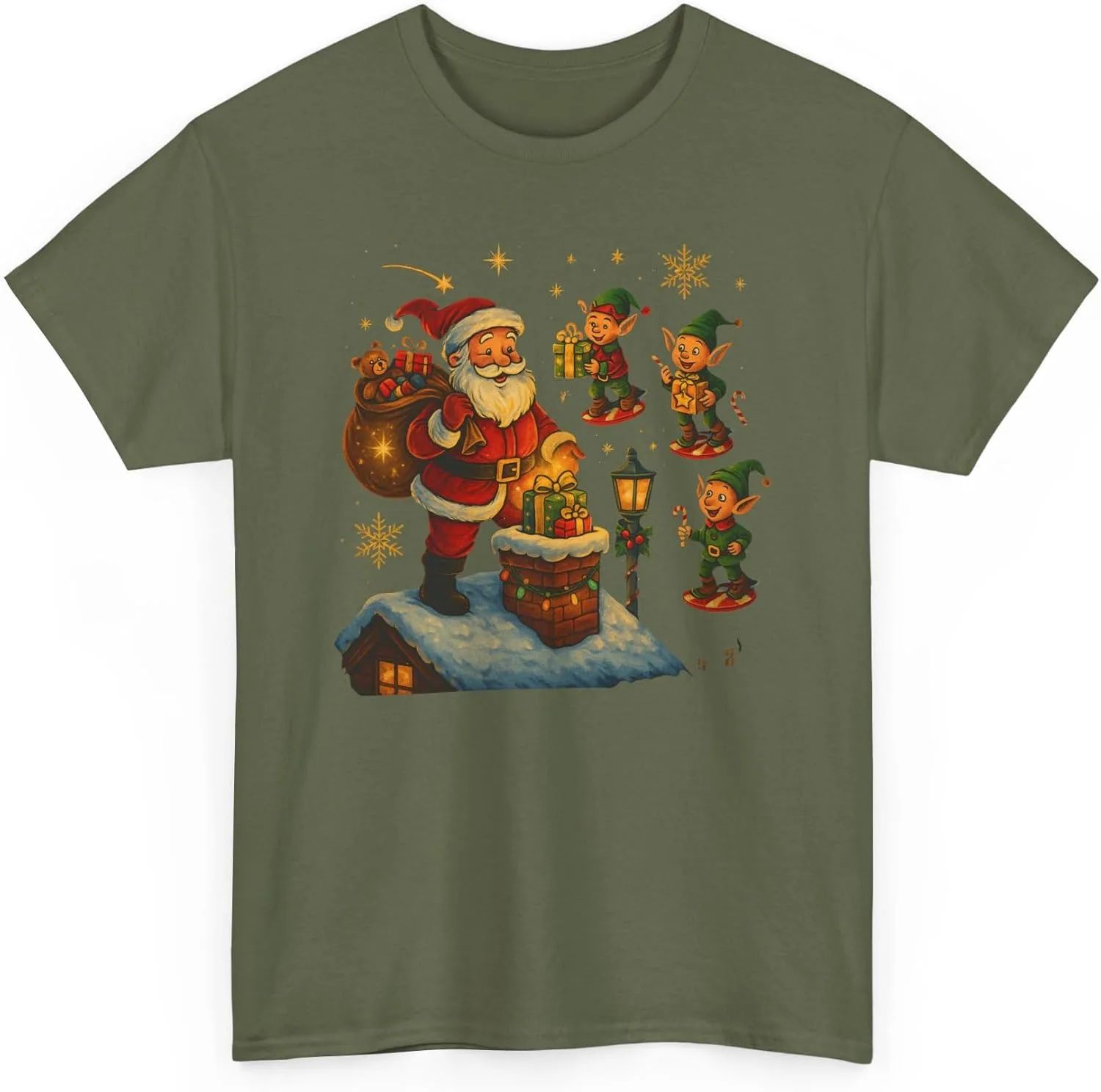 Футболка Vintage Santa с эльфами | Иллюстрация рождественского камина — фото 3