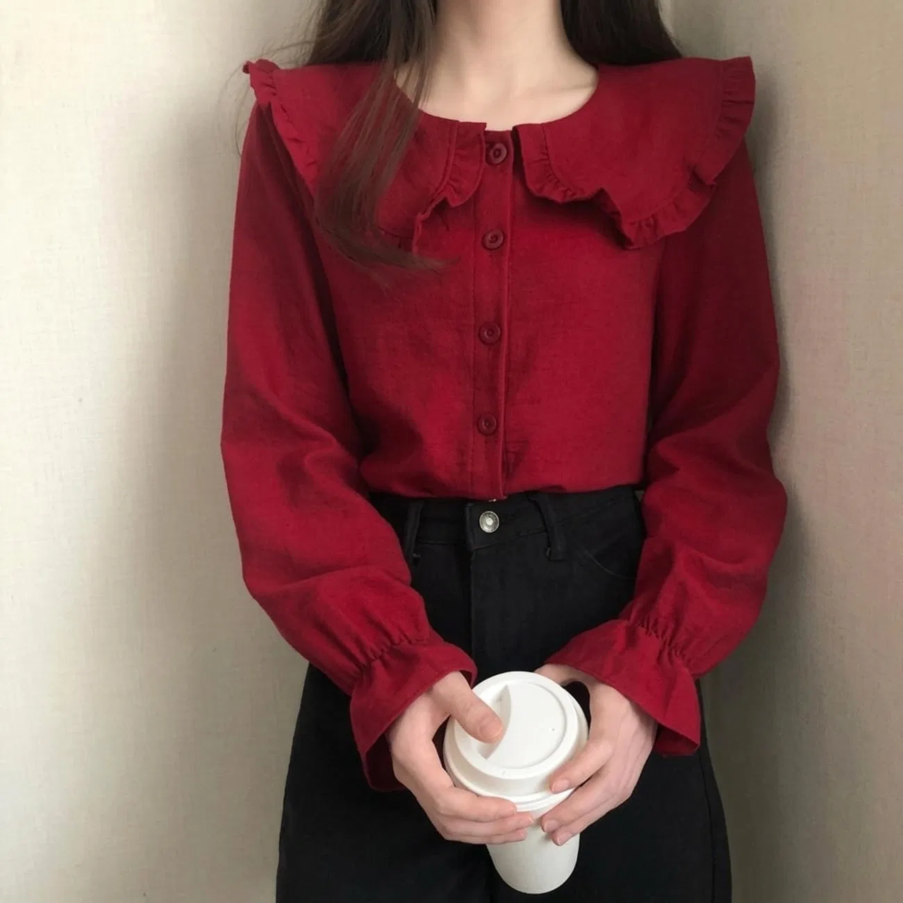 Блуза с фрилловым воротником, длинный рукав, белый — фото 2