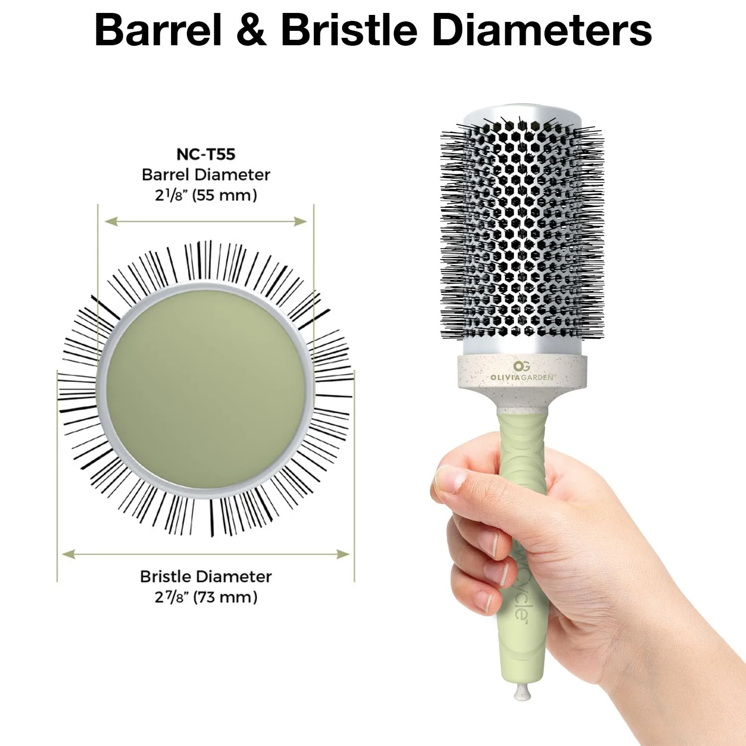 Термощетка для волос Olivia Garden NewCycle Round Thermal Hair Brush (не электрическая) с керамическим корпусом, ионной технологией и изготовлена ​​из 100% переработанного материала (кроме щетины). 7,3 см термо-круглая — фото 2