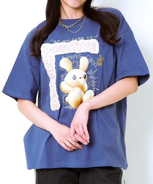 

Женская футболка оверсайз с коротким рукавом, принт «Кролик», саржа GORGE, синий