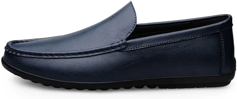 Лоферы кожаные Mens Loafers Round Toe Solid Color Leather Loafer Shoes Anti-Slip Flat Heel Comfortable Walking Slip-ons, синий с подкладкой PUGHGAETZF — фото 3