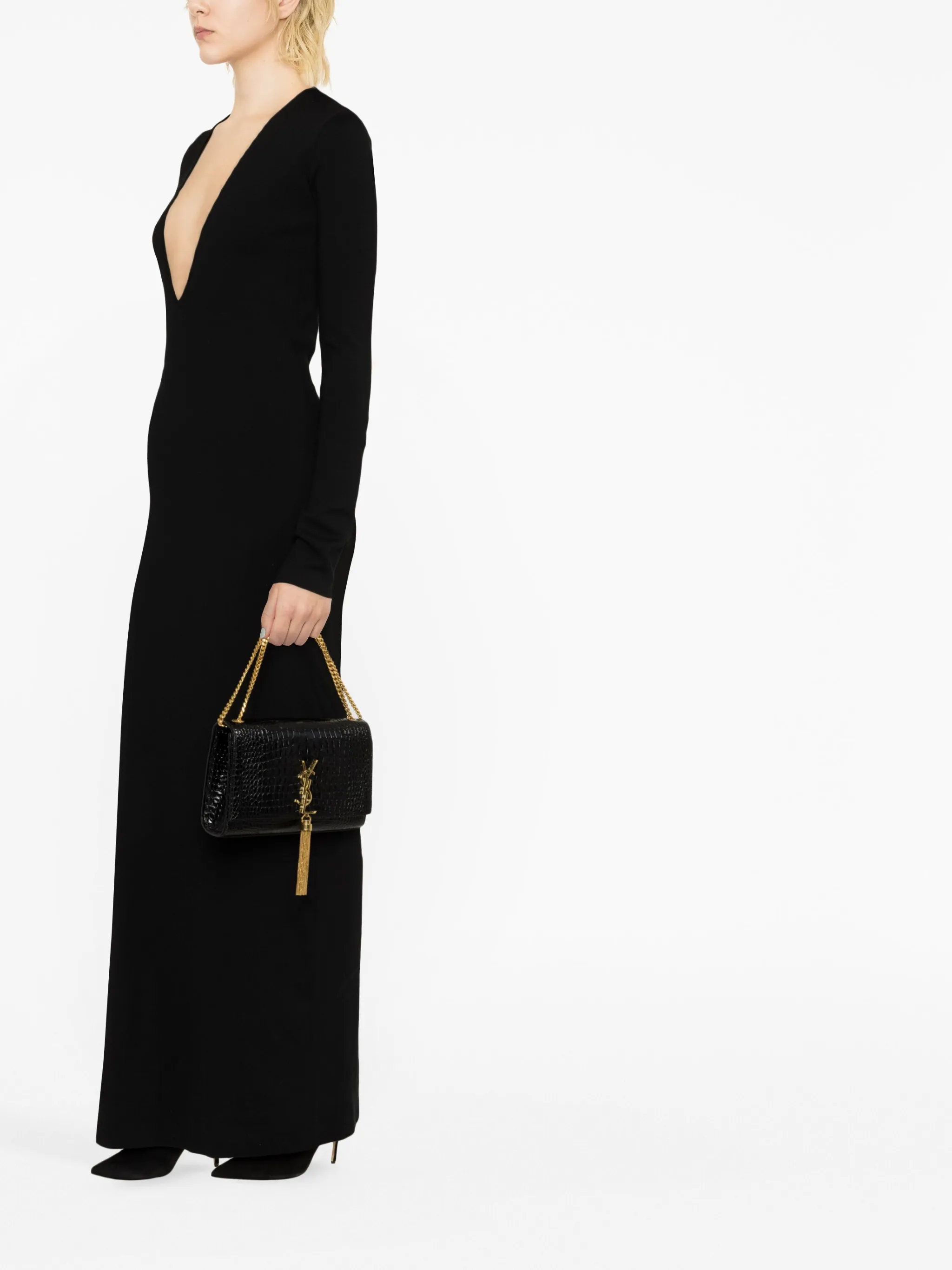 Шерстяное платье макси с глубоким вырезом Saint Laurent, черный — фото 3