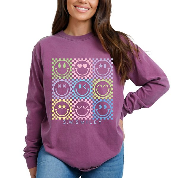 

SWSmiley checkered neon - женская футболка с длинным рукавом и принтом, окрашенная в стиле garment dyed Simply Sage Market, Berry, Зеленый, SWSmiley checkered neon - женская футболка с длинным рукавом и принтом, окрашенная в стиле garment dyed Simply Sage