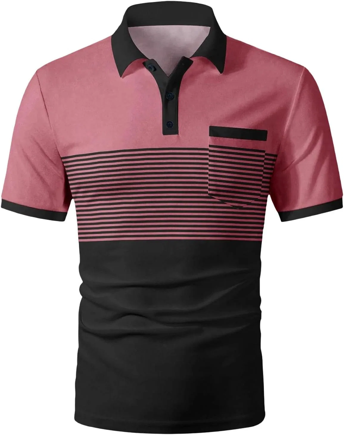 Мужское поло с коротким рукавом, полосатое, Slim Fit, с карманом, Pink — фото 3