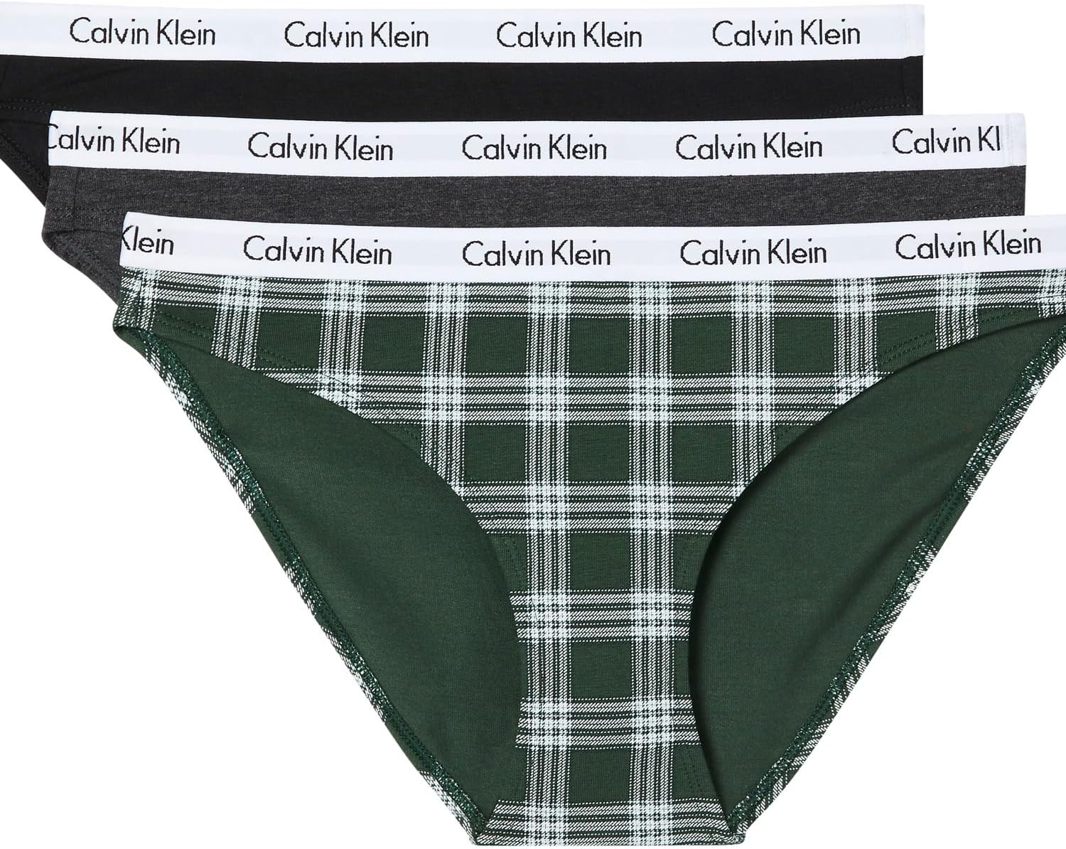

Женские трусики-бикини Calvin Klein Carousel Logo из хлопка и эластичного хлопка, 3 пары, Black/Charcoal Heather/Dunn Plaid Kelly Green