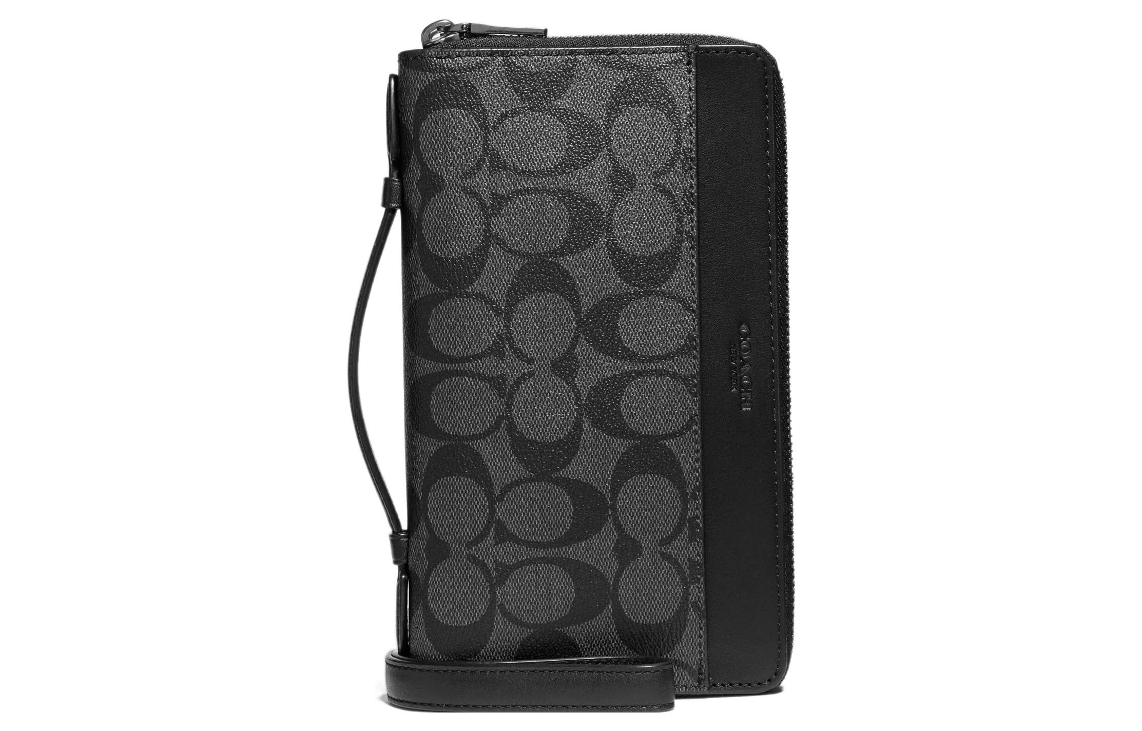 

COACH Кошелек с двойной молнией, холщовый, с кожаным держателем для карт, клатч-трубы, мужской, черный