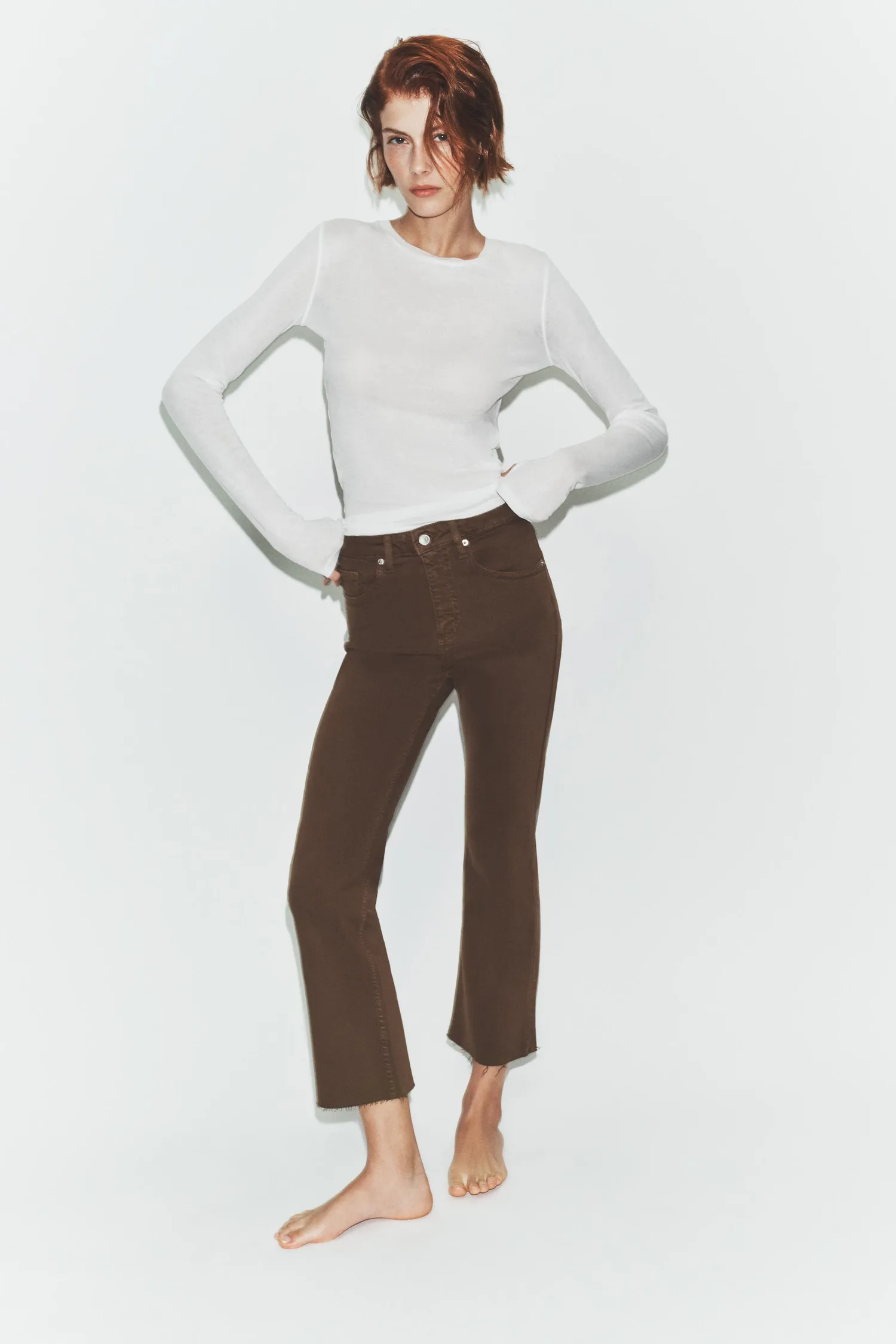 Укороченные джинсы-клеш с высокой талией trf Zara, коричневый