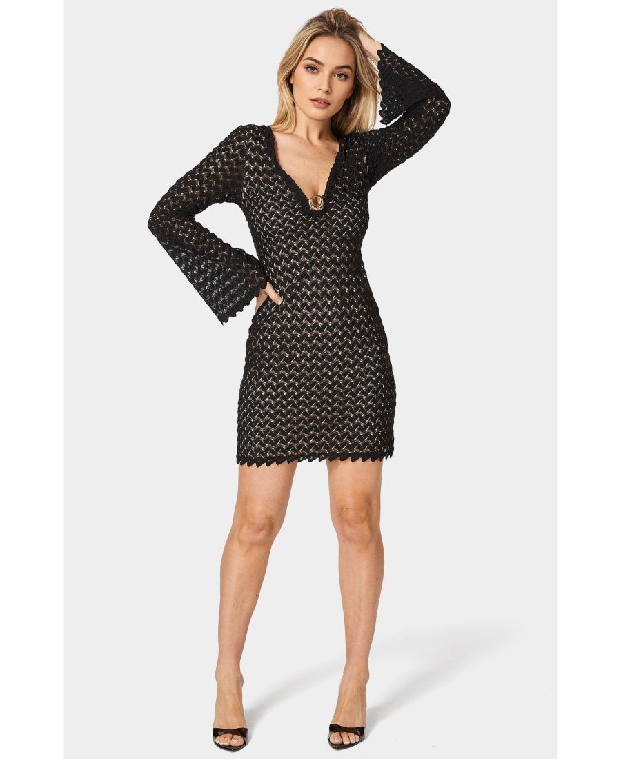 

Женское мини-платье с кружевными рукавами-колоколами и вырезом-замочной скважиной Bebe, Black nude