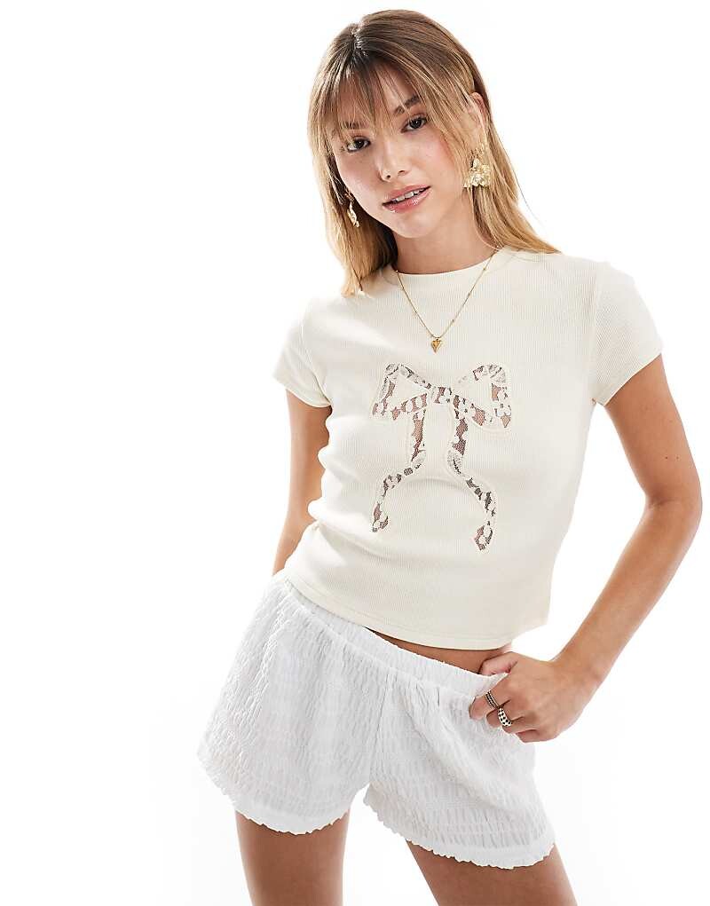 

Miss Selfridge 2013 Короткая, облегающая футболка с бантом, цвет слоновой кости