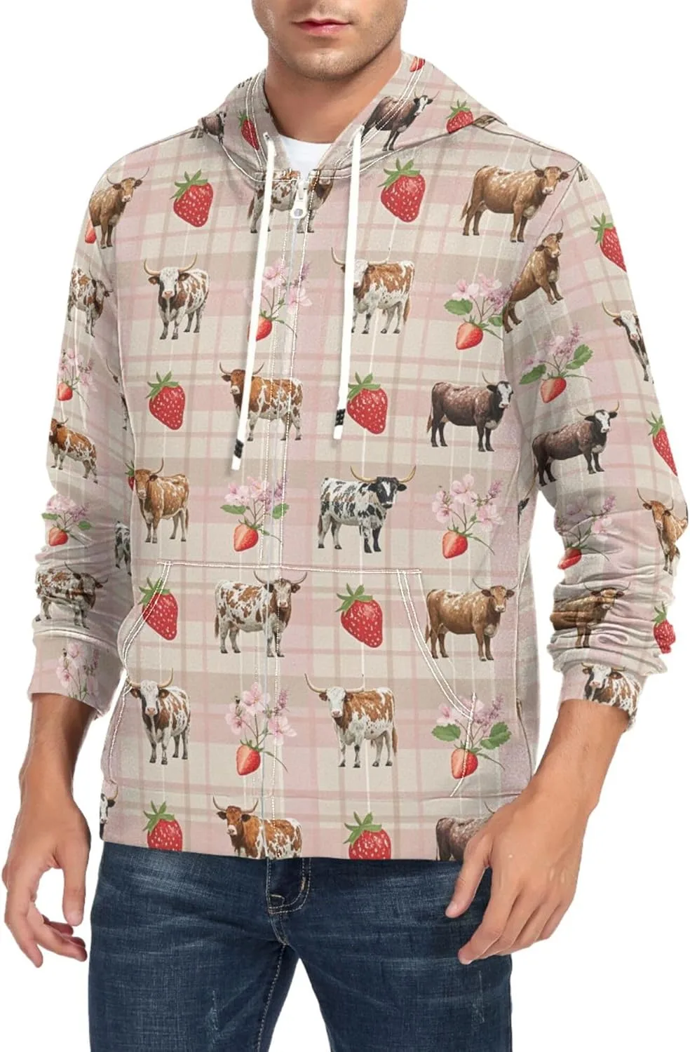 

Мужской худи на молнии с принтом коров, клубники и цветов в клетку, с длинными рукавами и карманом CUPADA
