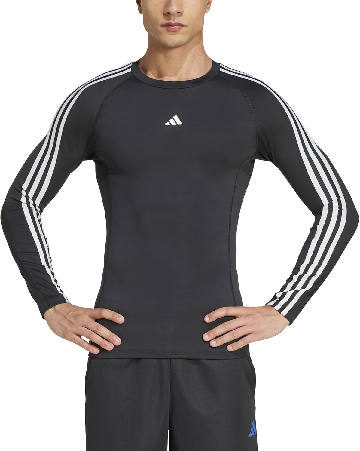 Мужская компрессионная тренировочная футболка adidas TechFit с тремя полосками и длинным рукавом, модель JTE76, черный — фото 2